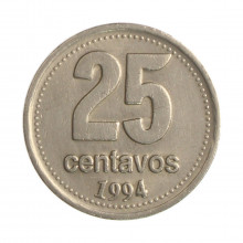 Km#110a 25 Centavos 1994 MBC Argentina América Cupro-Níquel 24.2(mm) 6.1(gr)