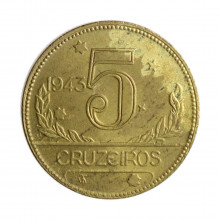 Moeda V-253 5 Cruzeiros 1943 MBC/SOB C/Leve Mancha Bronze Alumínio Ø27mm 9gr.