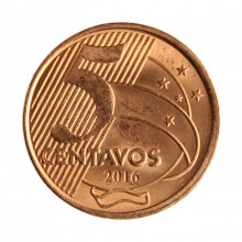 Moeda V-482 5 Centavos 2016 SOB/FC  Aço R Cobre Ø22mm 4,1gr.