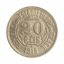 Moeda V-058 20 Réis 1919 MBC/SOB Sem Ponto Cupro Níquel Ø15,5mm 2gr.