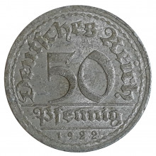 KM#27 50 Pfennig 1922 J BC/MBC Alemanha Império Europa